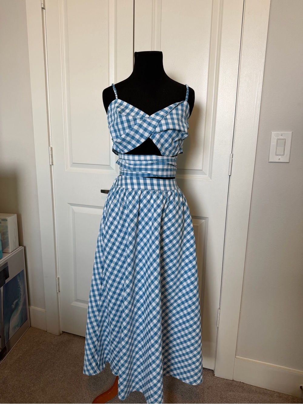 Blue Gingham Two-Piece Spaghetti Strap Midi Dress